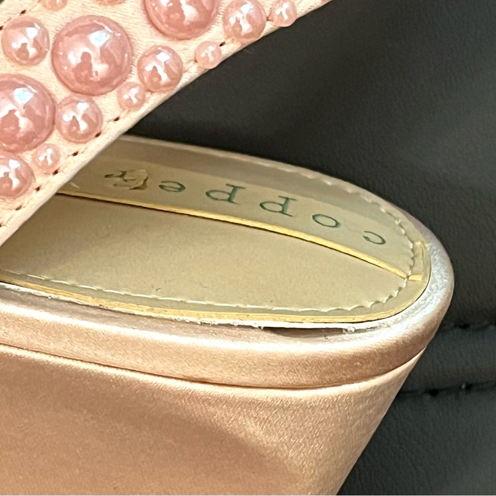 Copper Key Pink Faux Pearl Embellished Ankle Strap Coquette Wedge Sandals Size 8 - Picture 9 of 10
